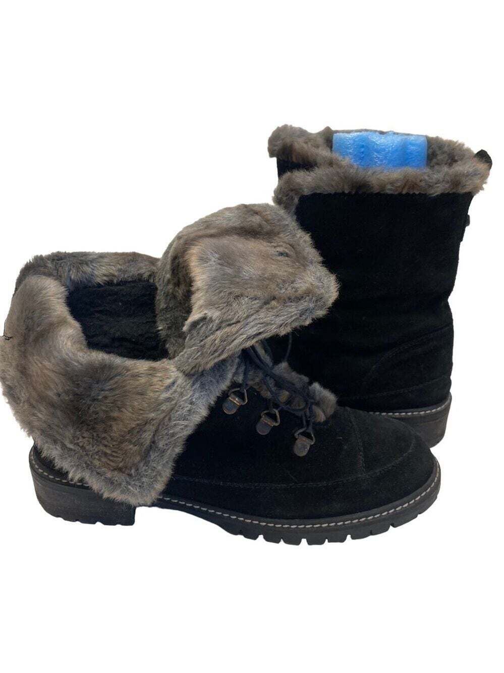Stuart Weitzman Bobsled Black Suede Faux Fur Lace Up Combat Boots Womens 8 M